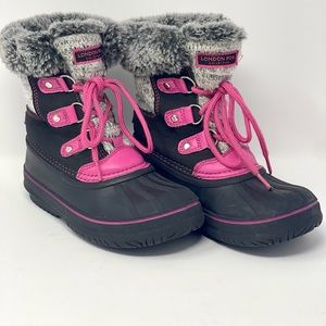 London Fog Tottenham Youth Size 13 Black Pink Gray Faux Fur Winter Snow Boots